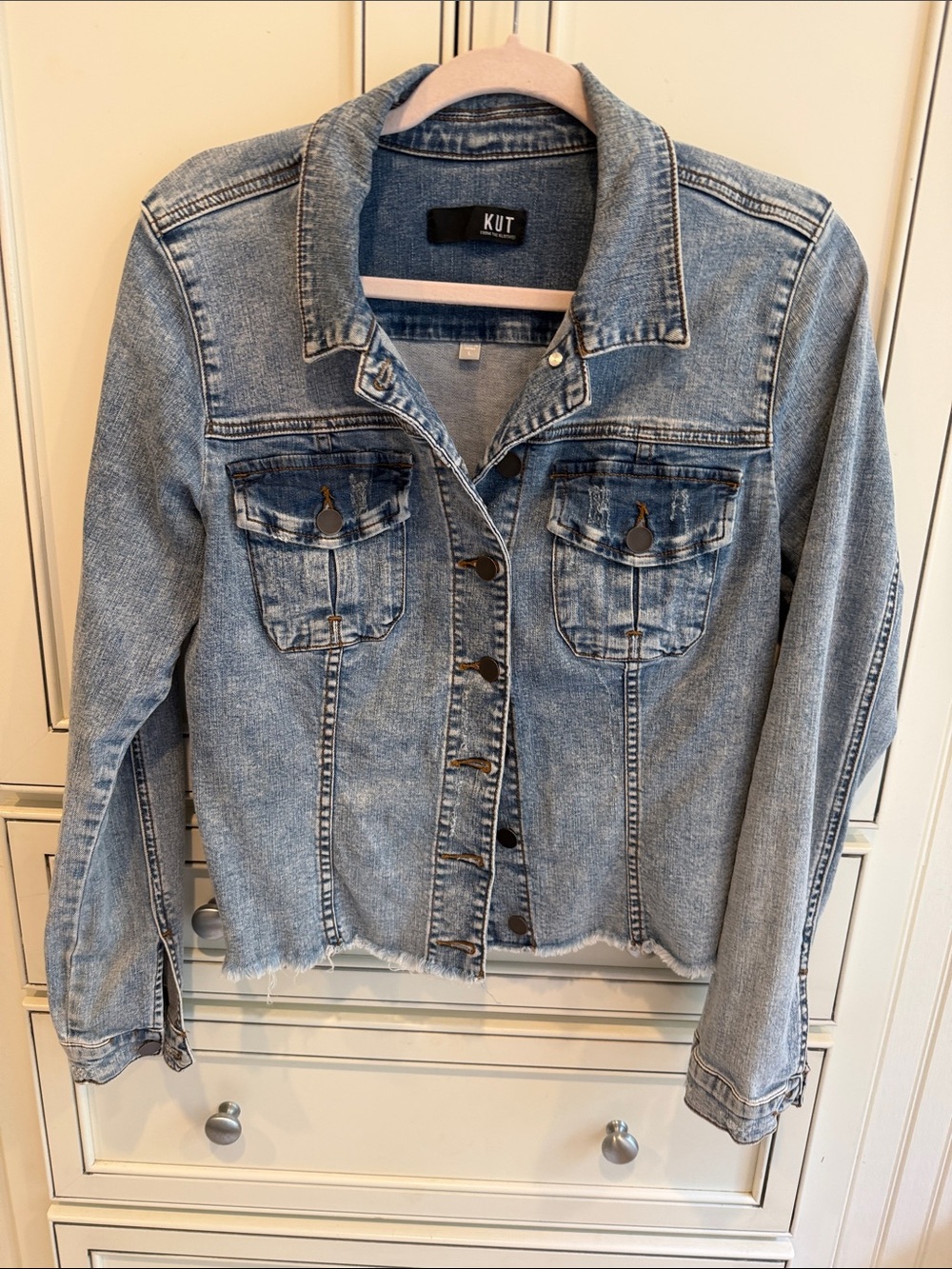 Kut from the Kloth Faded Light Blue Denim Jacket with Raw Hem